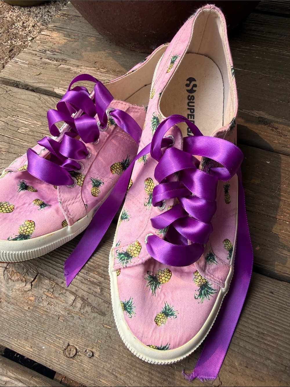 Superga Pink Pineapple Canvas Sneakers with Purple Ribbon Laces